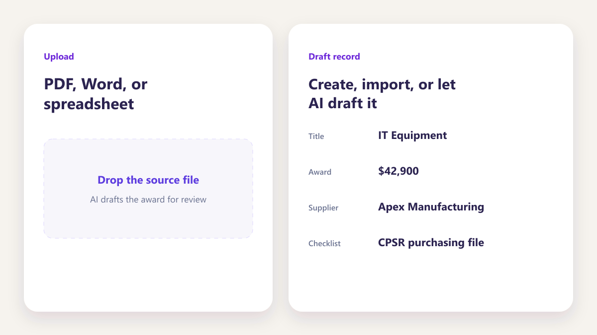 ProcureAudit Create, import, or let AI draft it